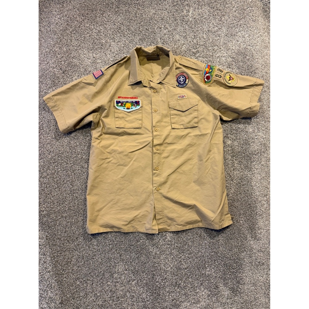 BSA Uniform Shirt Mens Large Tan Boy Scouts of America Washita Lodge 288 Patches